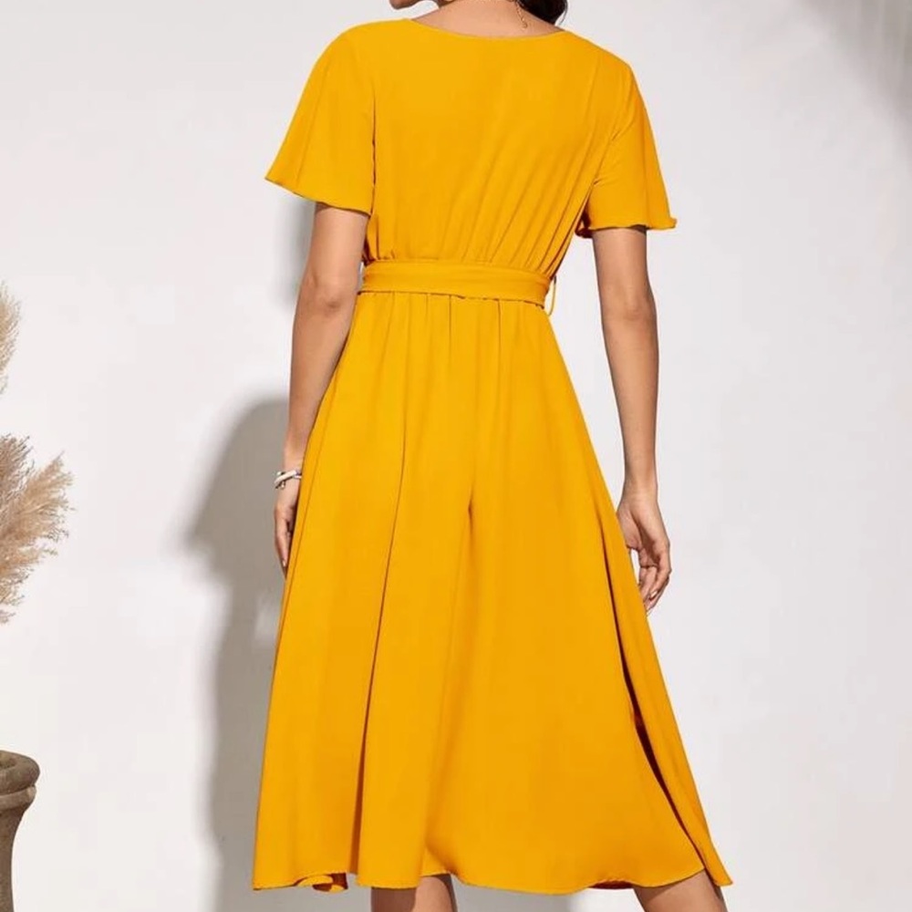 V neck flutter short sleeve faux wrap midi dress - Picture 2 of 16